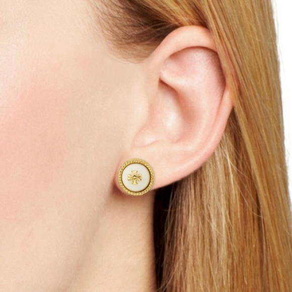 NWT Tory Burch Rope Logo Stud Earrings Ivory/Gold - Picture 2 of 5